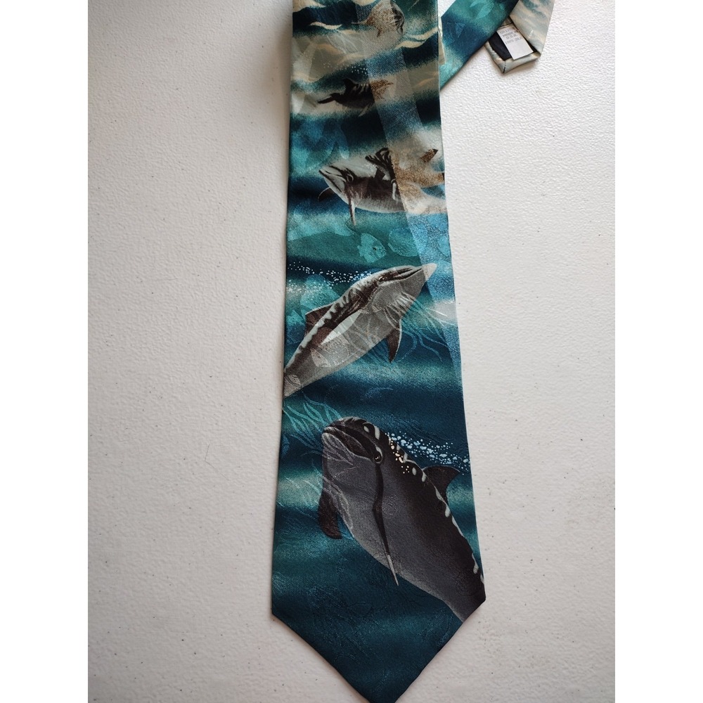 Vintage Endangered Species Family Affair Dolphin 100% Silk Tie Necktie Made USA